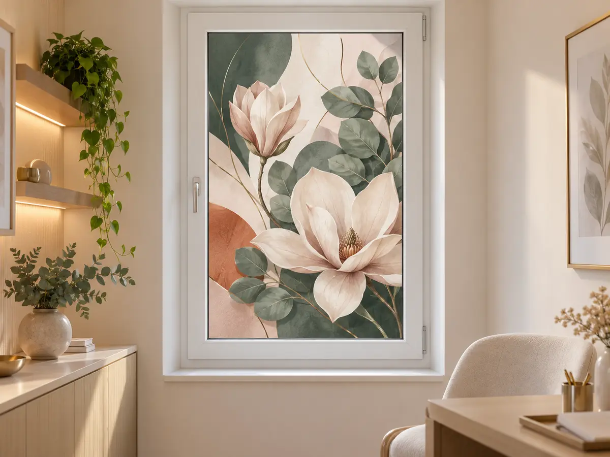 Gestaltungsbeispiel: vollfarbiges florales Motiv als Digitaldruck auf Glas