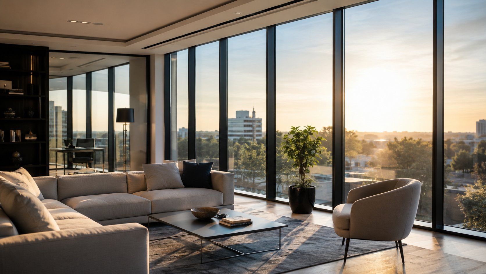 Große Fensterfront in einem modernen Wohnraum